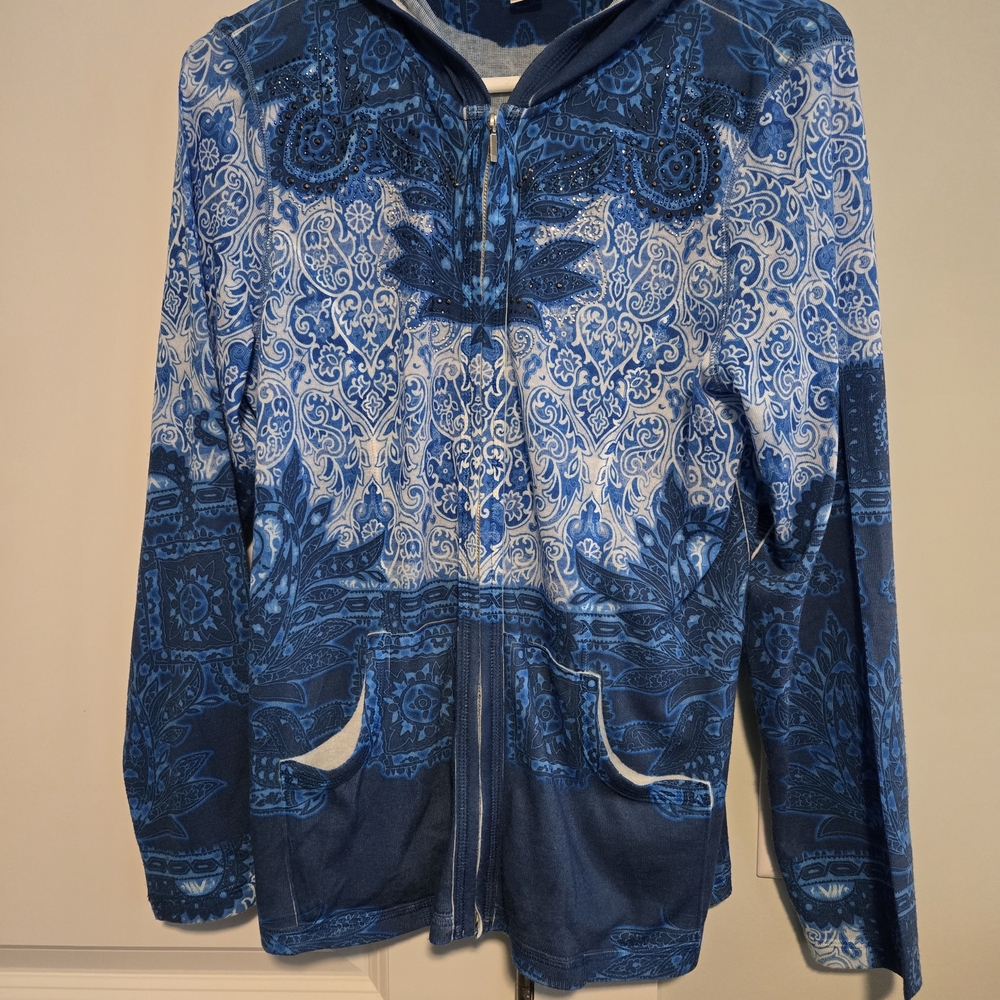 Christopher & Banks Blue and White Zip-Up Sweater